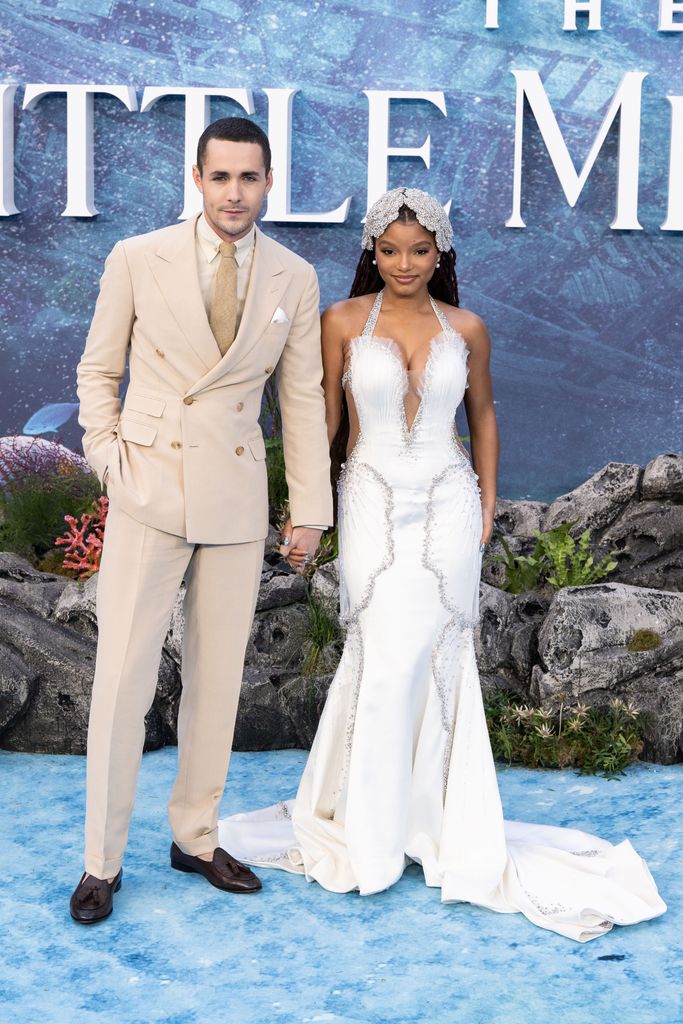 Jonah Hauer-King and Halle Bailey attend the UK Premiere of "The Little Mermaid" at Odeon Luxe Leicester Square on May 15, 2023 in London, England.