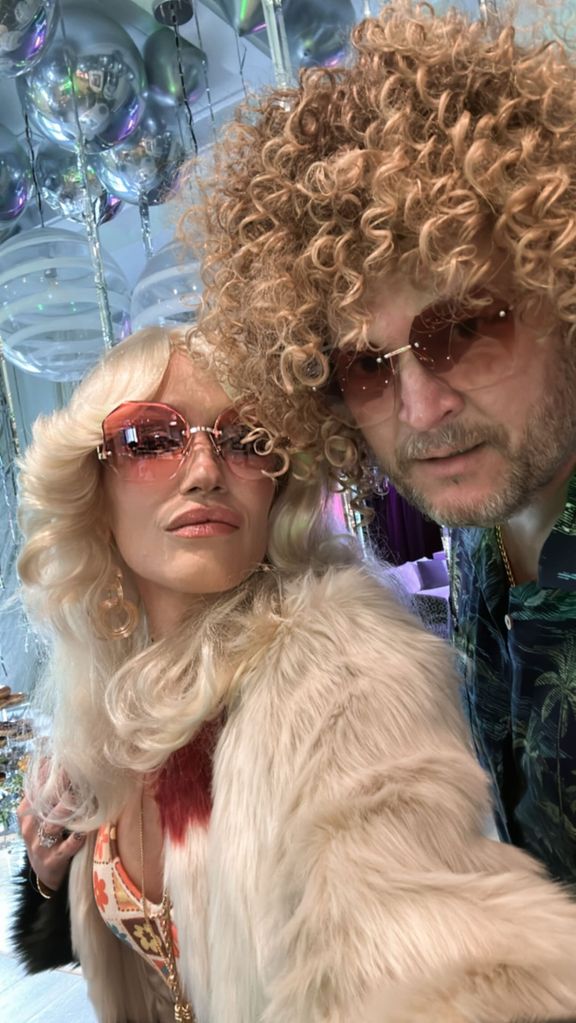 Gwen Stefani and Blake Shelton in a glimpse of her 70s themed birthday party for members of their family