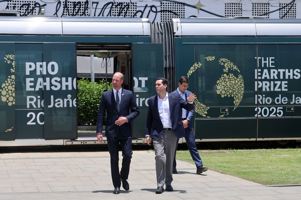 Prince William and Vice Mayor of Rio de Janeiro, Eduardo Cavaliere, depart from the Earthshot Prize Tram to attend the Earthshot Prize Impact Assembly