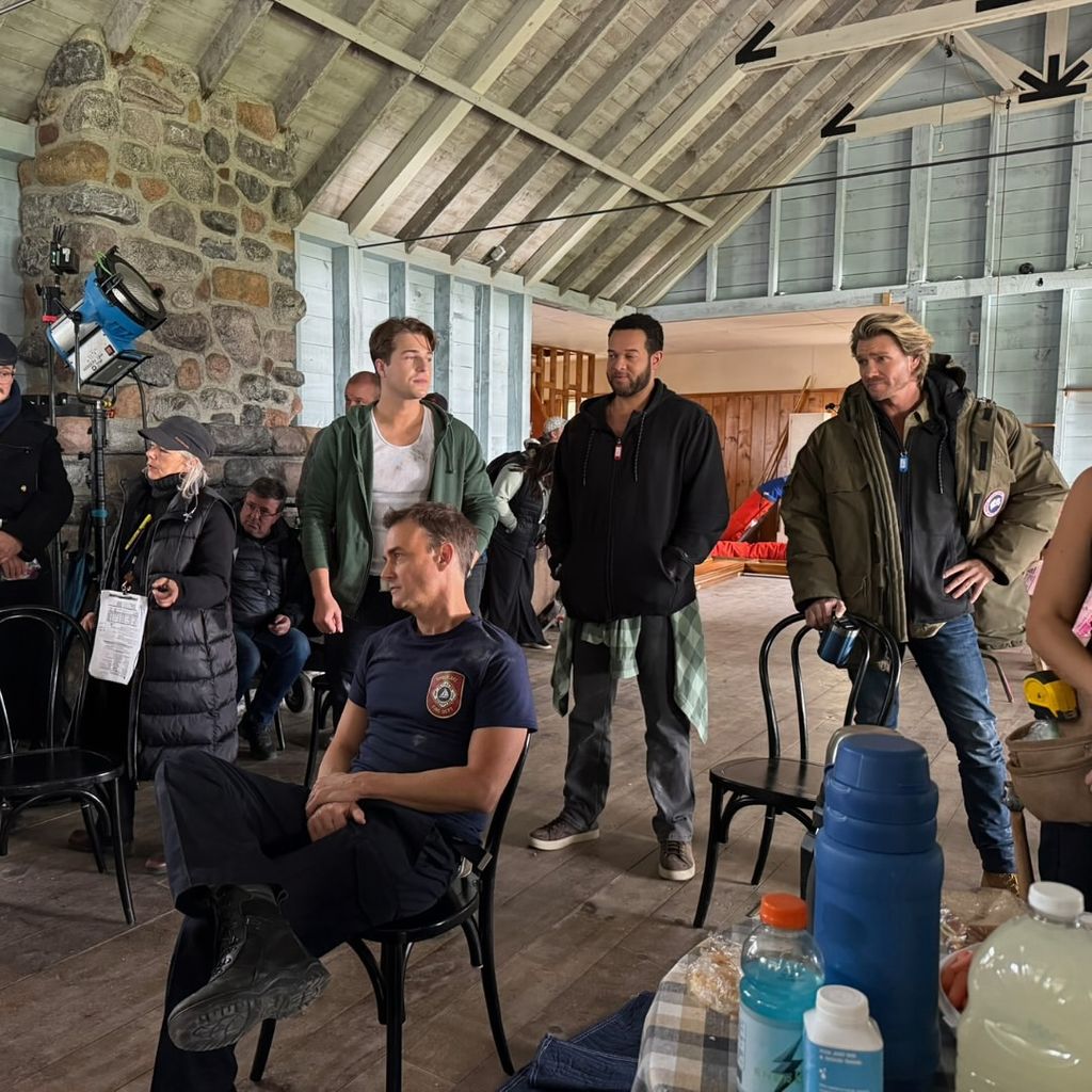 A behind-the-scenes photo from the filming of "Sullivan's Crossing"