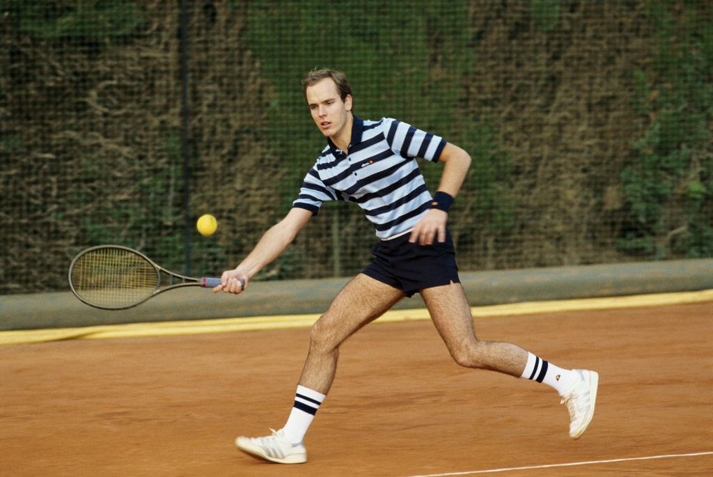 Prince Albert II of Monaco plays tennis outside the Royal Palace in Monaco December 1983 in Monte Carlo, Monaco