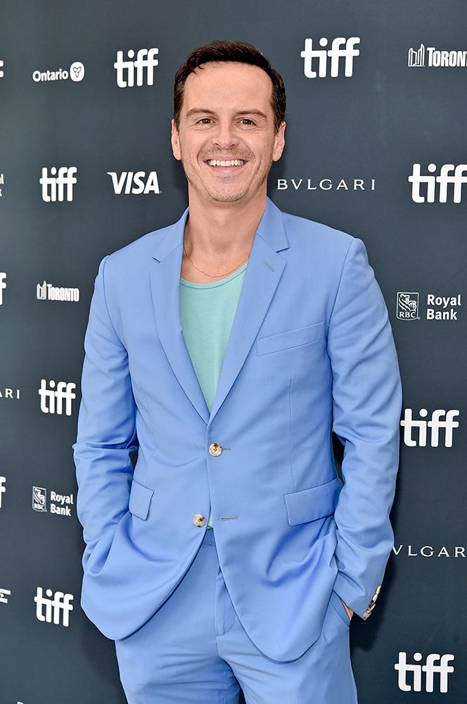 Andrew Scott posing in a powder blue suit at the Catherine Called Birdy Premiere