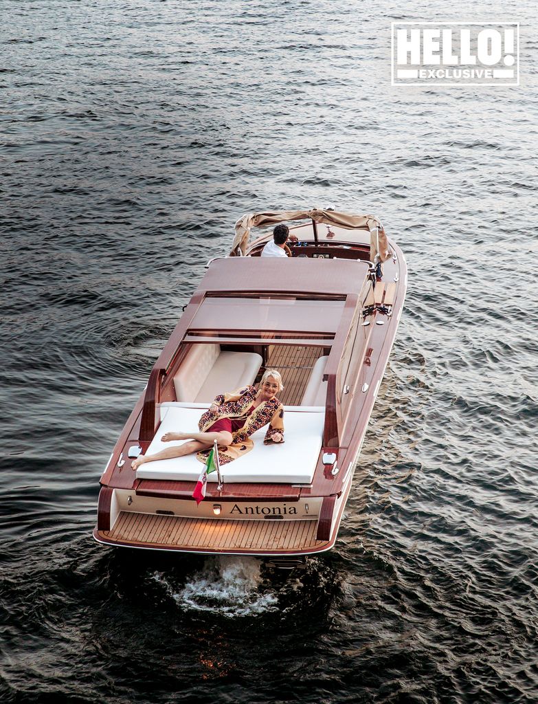 Erika Trojer on boat at Lake Como home Villa Torno