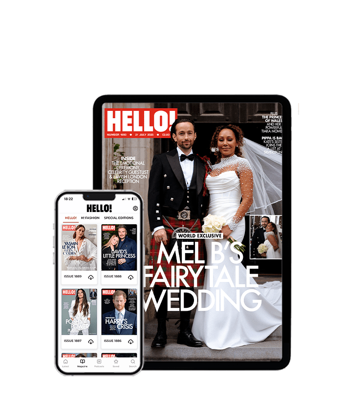 Cover of HELLO! magazine featuring Mel B and her husband on their wedding day. Mel B is wearing a glamorous white wedding gown with sheer, crystal-embellished sleeves and a long veil, holding a white bouquet.
