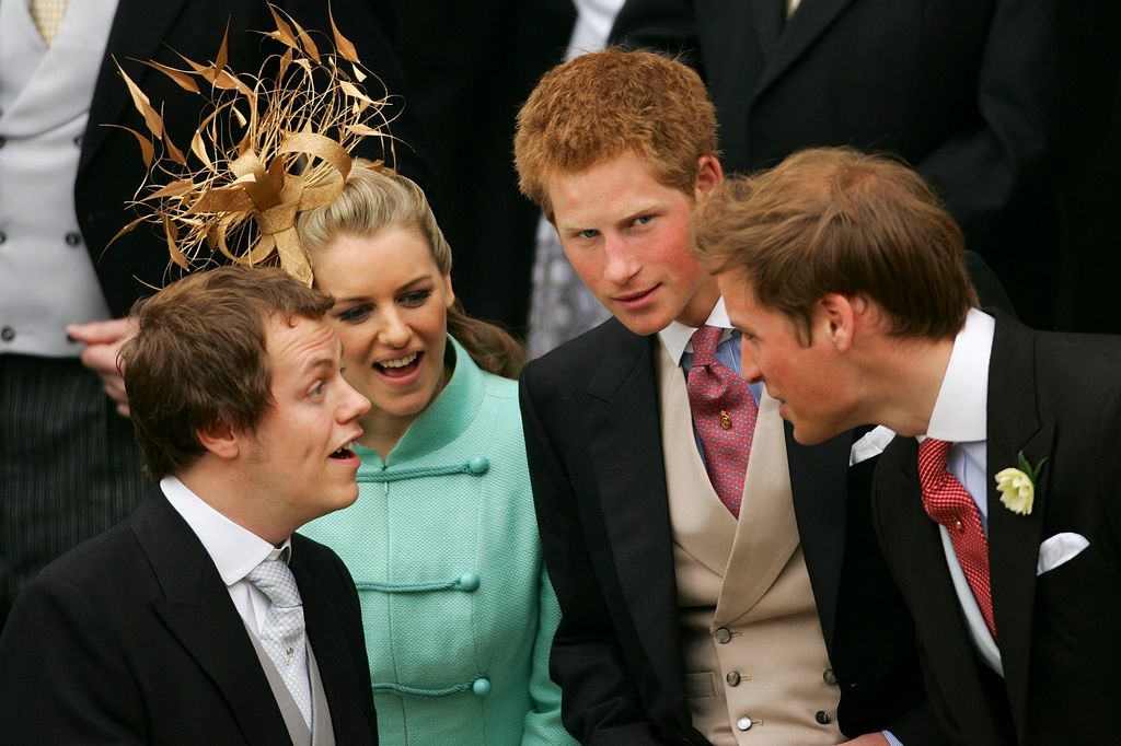 Tom Parker Bowles, Laura Parker Bowles, Prince Harry and Prince William in wedding attire