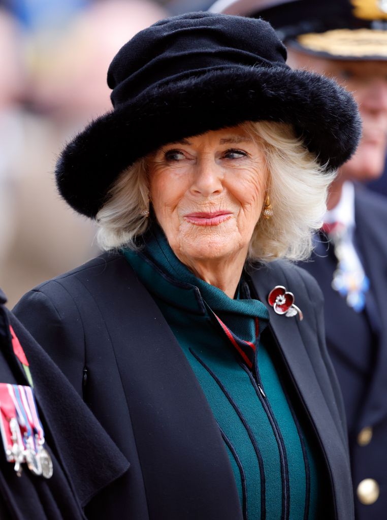 Queen Camilla (Patron of the Poppy Factory) visits the 95th Field of Remembrance at Westminster Abbey on November 9, 2023 in London, England. 