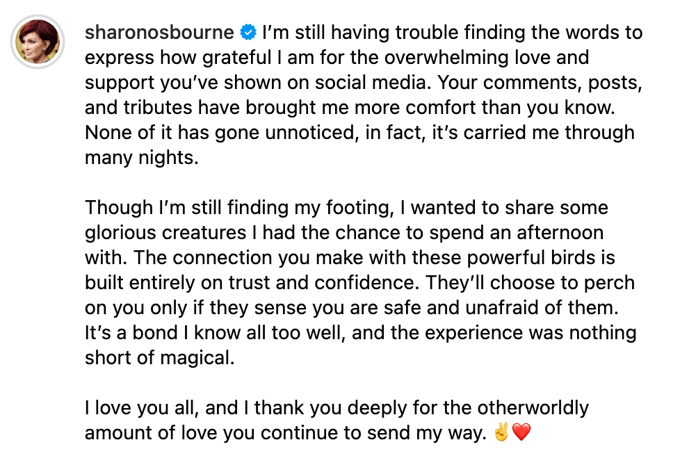 Sharon Osbourne penned a touching tribute to fans thanking them for their support following Ozzy's death 