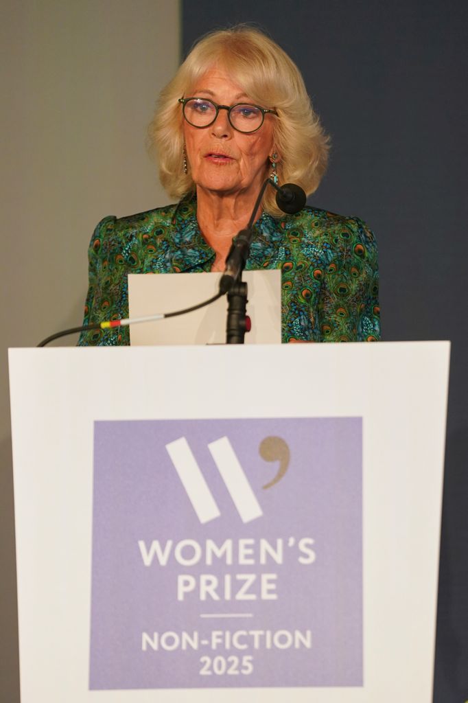 Queen Camilla delivering a speech behind a podium