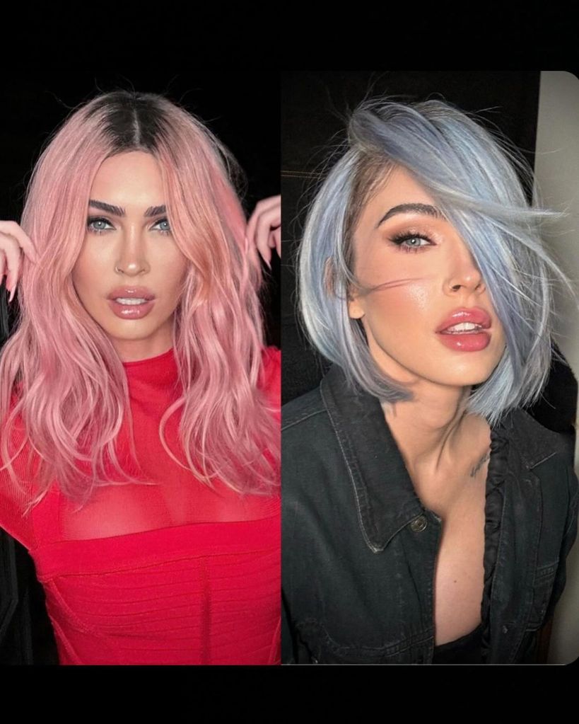 Megan Fox's pink and blue hairstyles presented side by side