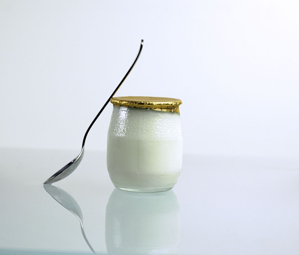 Old fashioned yogurt with spoon.