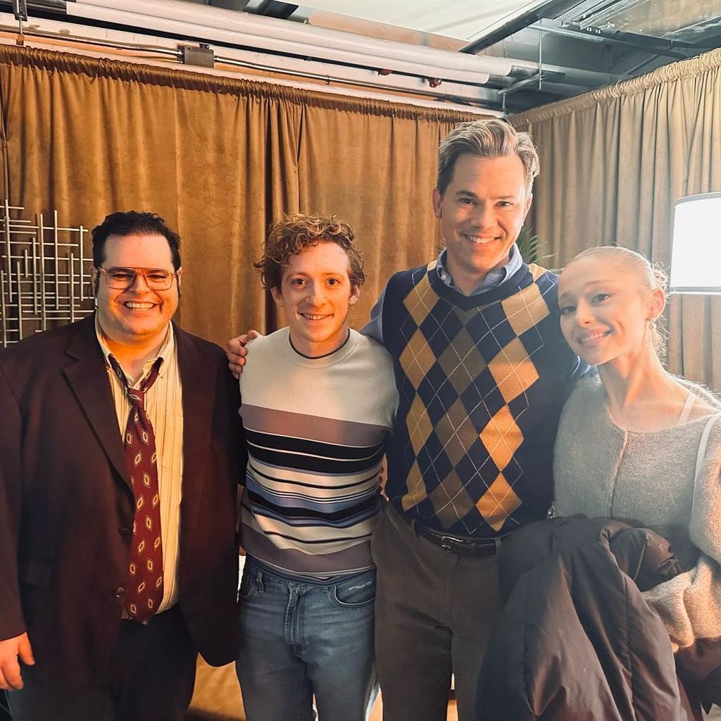 Ariana Grande and Ethan Slater backstage with Andrew Rannells and Josh Gad at "Gutenberg"