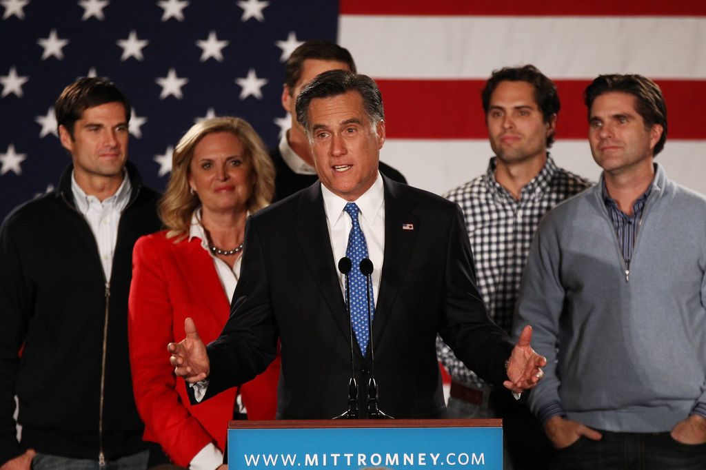 Mitt Romney, Ann Romney and their sons osh, Matt, Craig and Tagg at the Iowa Caucuses in January 3, 2012