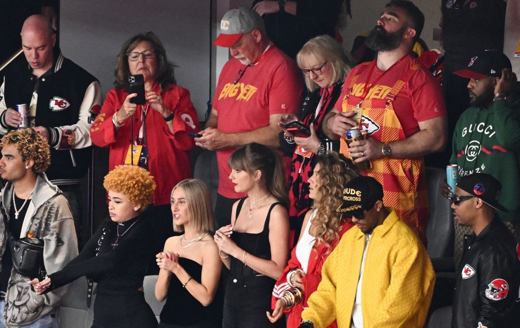 US rapper Ice Spice (2nd L), Ashley Avignone (3L), US actress Blake Lively (3R), Jason Kelce (top R), Donna Kelce and Ed Kelce attend Super Bowl LVIII between the Kansas City Chiefs and the San Francisco 49ers at Allegiant Stadium in Las Vegas, Nevada, February 11, 2024.