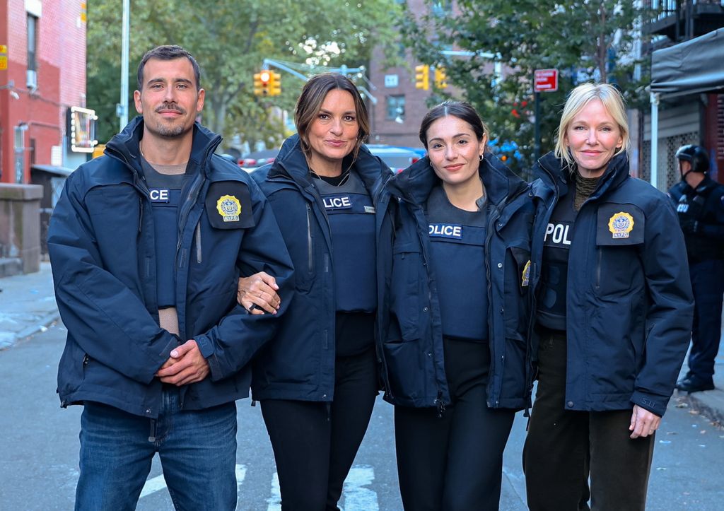 Octavio Pisano, Mariska Hargitay, Juliana Aiden Martinez and Kelli Giddish on set of law and order suv
