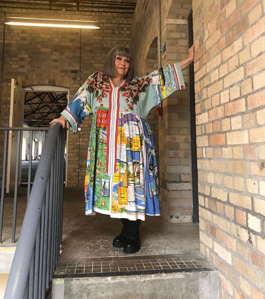Dawn French Instragram photo modelling tea towel dress by vintage lover Lady Boo