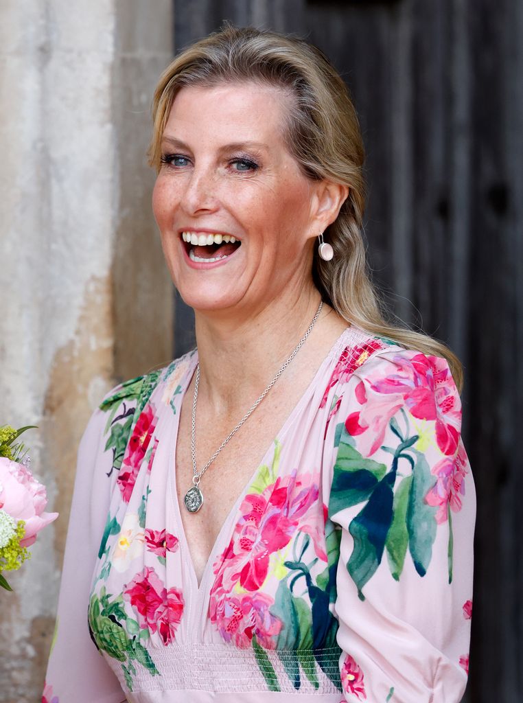 Duchess Sophie laughing in a pink dress