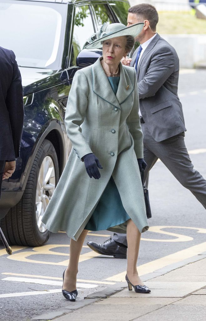 Princess anne visiting The Royal Logistic Corps in Winchester in green pastel coat and matching hat