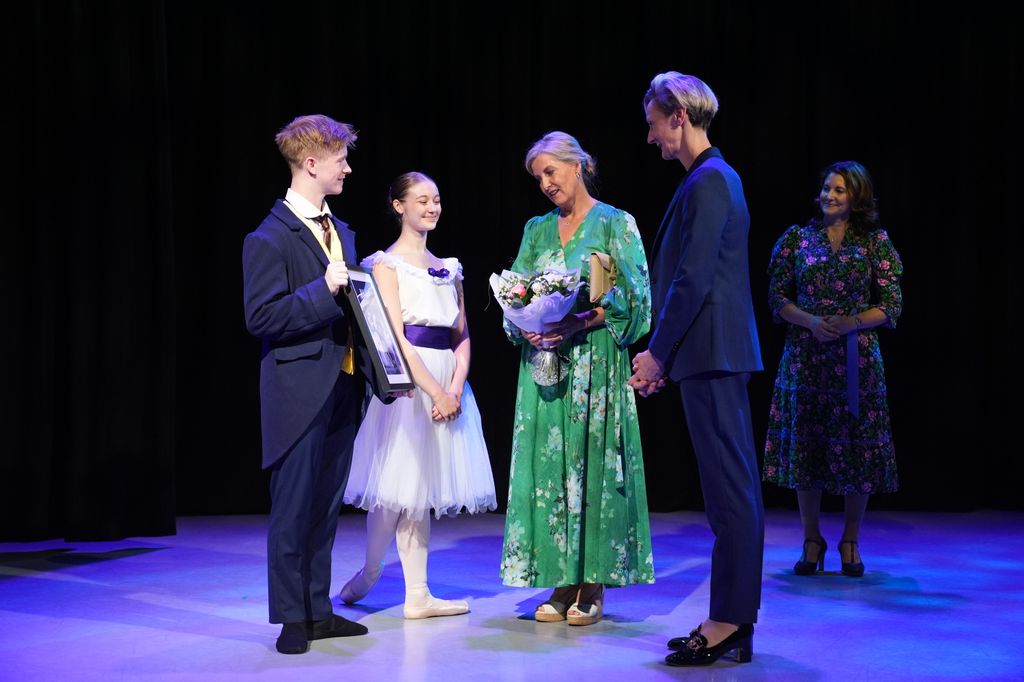 The Duchess of Edinburgh talking to performers during her visit to the Central School of Ballet, London. 