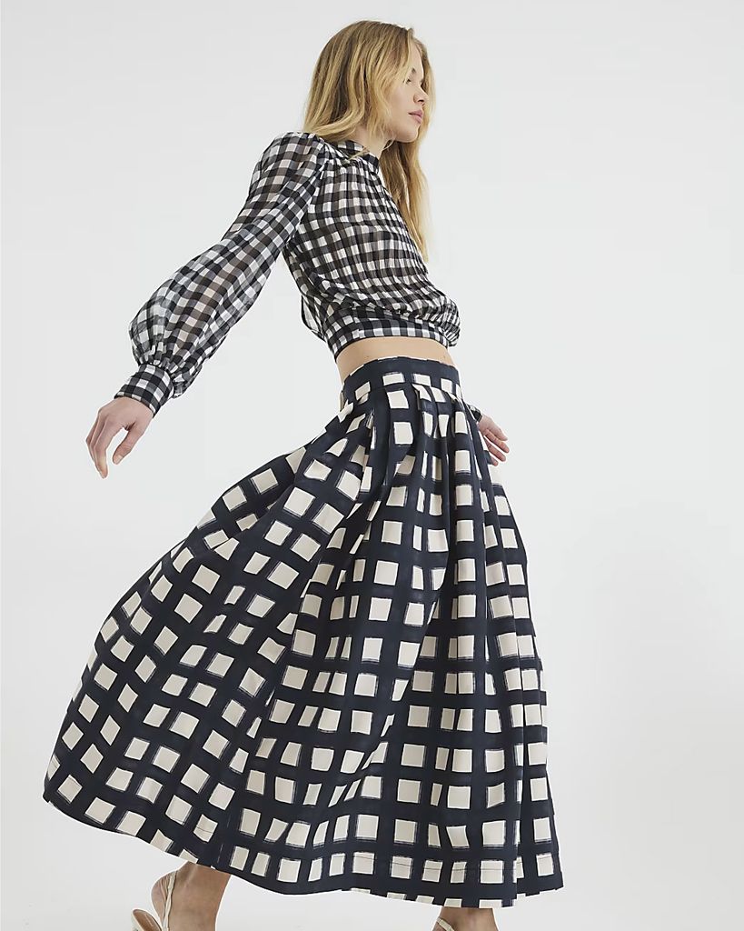 River Island Black Check Print Midi Skirt