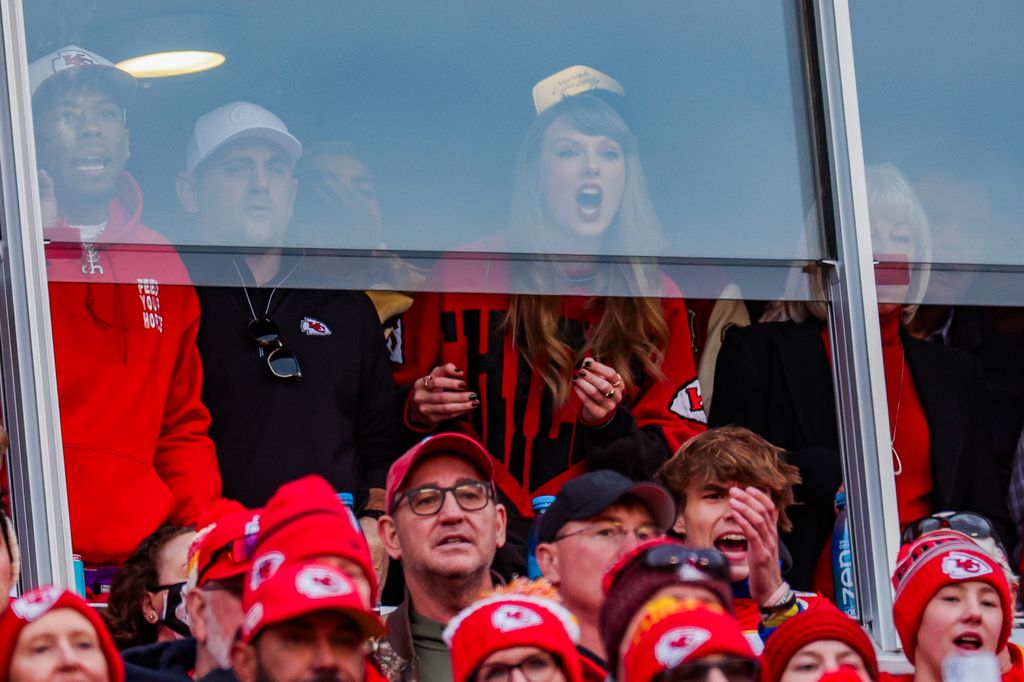Taylor Swift reacts during the game between the Buffalo Bills and the Kansas City Chiefs at GEHA Field at Arrowhead Stadium 