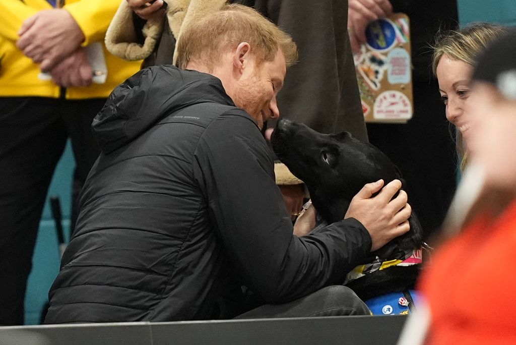 The Duke of Sussex greets a dog after the Wheelchair Curling at the Hillcrest Recreation Centre during the 2025 Invictus Games in Vancouver, Canada. Picture date: Sunday February 9, 2025. (Photo by Aaron Chown/PA Images via Getty Images)