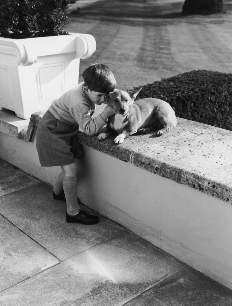 A young Prince Charles playing with a corgi on the terrace of the Royal Lodge at Windsor