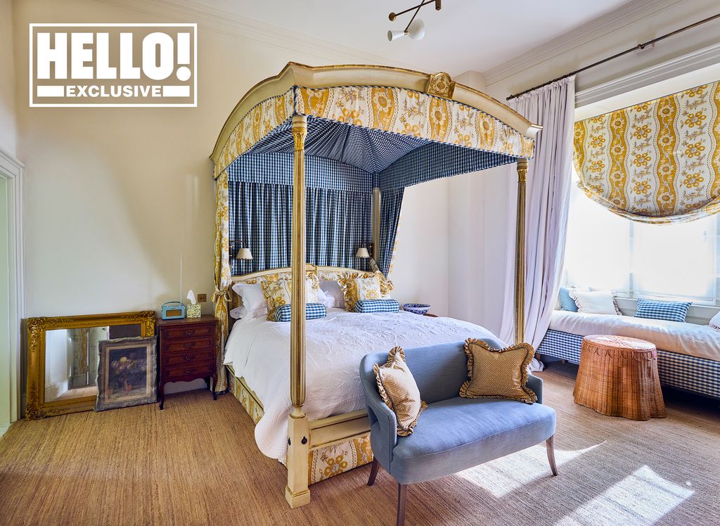 Donna Ida and Robert Walton's spare bedroom with yellow four poster bed at Langdon Court