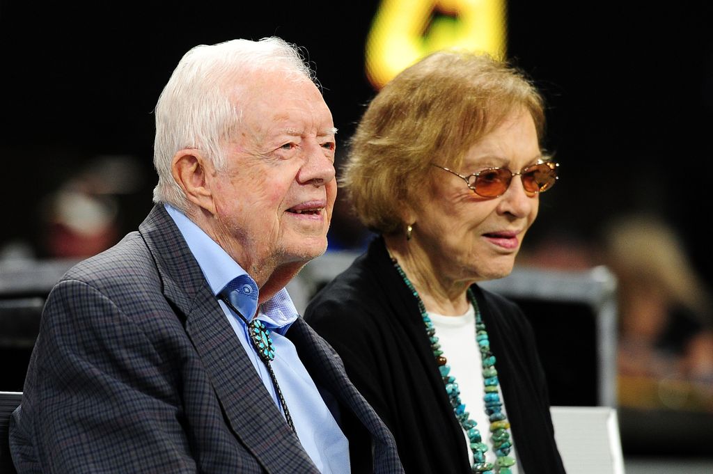 Jimmy and his wife Rosalynn prior to the game between the Atlanta Falcons and the Cincinnati Bengals at Mercedes-Benz Stadium on September 30, 2018 