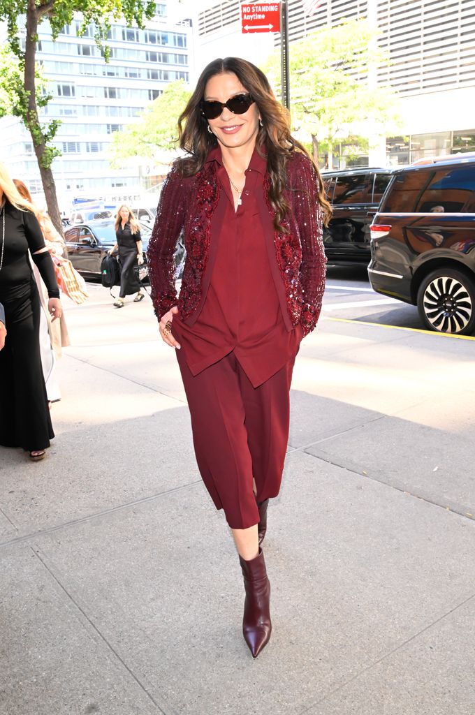 Catherine Zeta-Jones opts for a tonal look with her sequin trophy jacket while on a trip to NYC