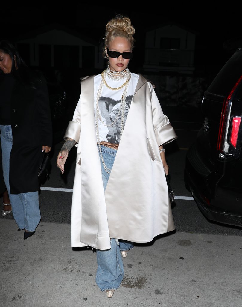 Rihanna is seen at Giorgio Baldi restaurant on April 06, 2024 in Los Angeles, California. She debuted a punky blonde hairstyle for the occasion