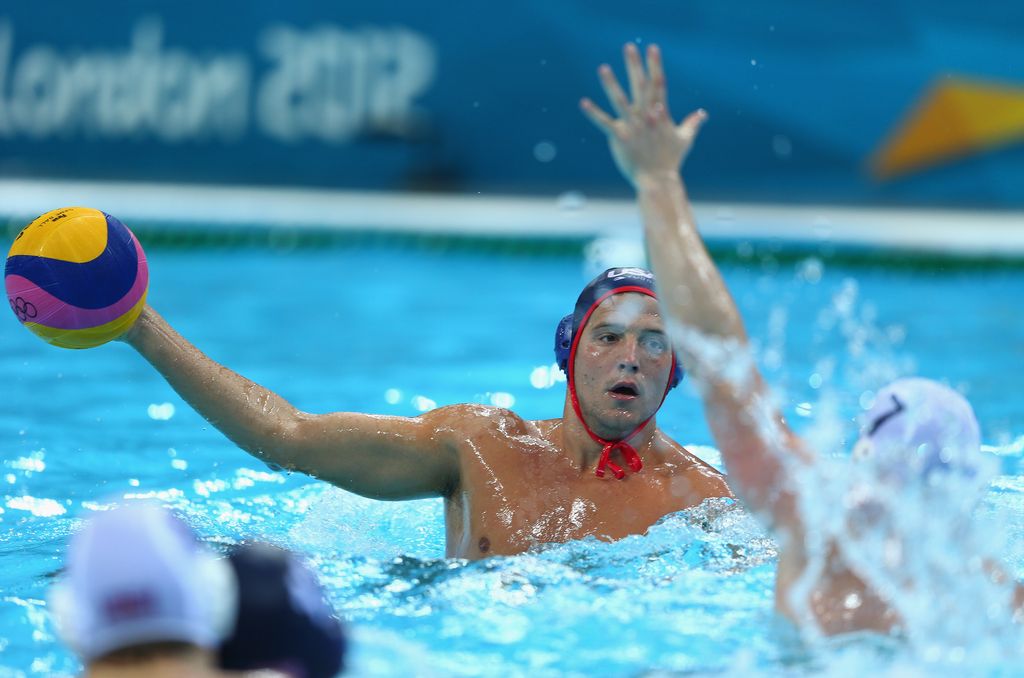 Shea Buckner of the United States competes during the Men's Water Polo Preliminary Round match between Great Britain and the United States at the Water Polo Arena on August 2, 2012 in London, England