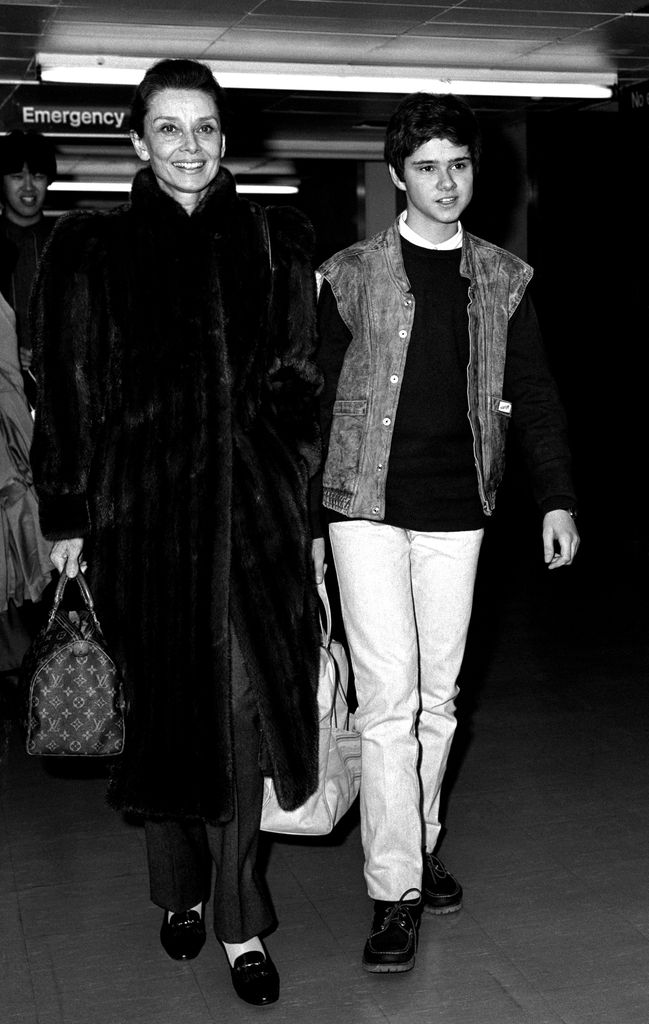 Audrey Hepburn (55), and her son Luca Dotti (14), arriving at Heathrow airport, after their flight from Rome.