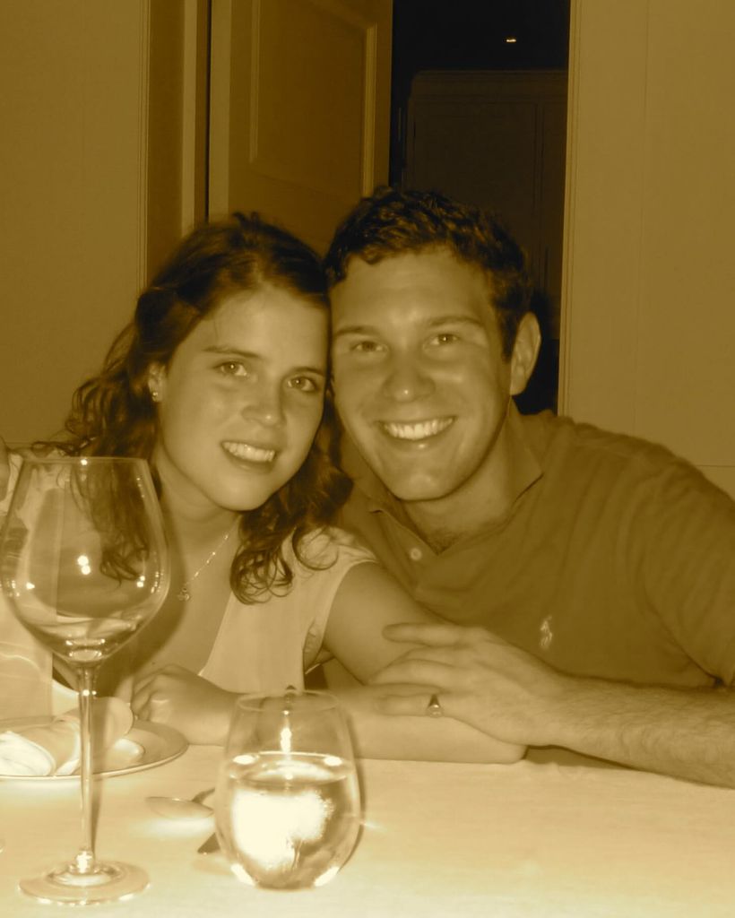 A black and white photo of Jack Brooksbank and Princess Eugenie