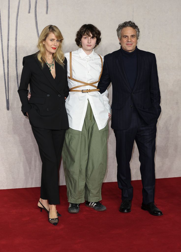 Sunrise Coigney, Bella Noche Ruffalo and Mark Ruffalo attend the "Poor Things" UK Gala Screening at Barbican Centre on December 14, 2023 in London, England