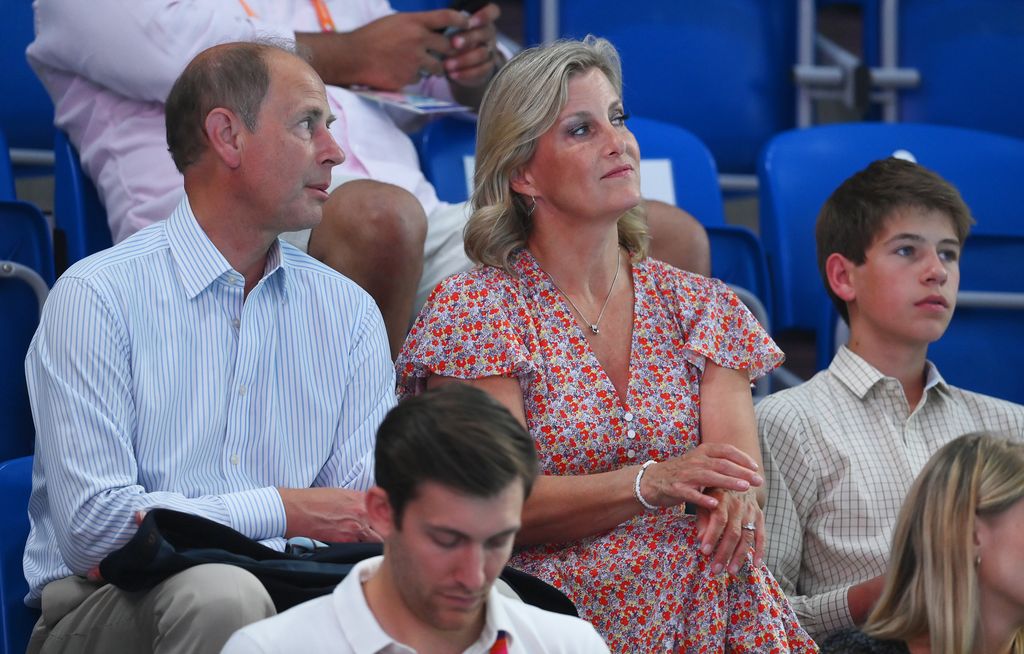 Prince Edward, Dichess Sophie and James, Viscount Severn watching swimming