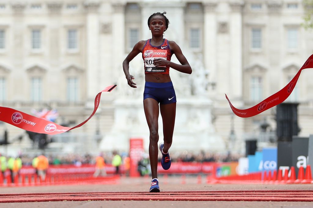 Brigid Kosgei of Kenya crosses the line to win the Women's Elite race  during the Virgin Money London Marathon at United Kingdom on April 28, 2019 in London, England.