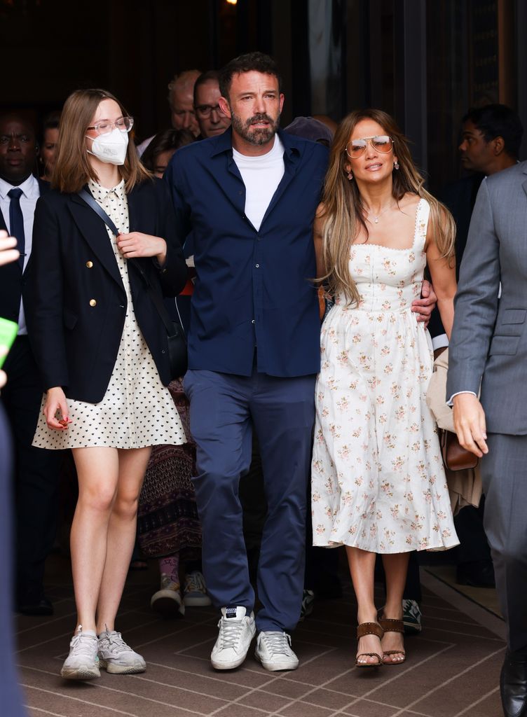 Violet Affleck, Ben Affleck and Jennifer Lopez are seen leaving their hotel on July 23, 2022 in Paris, France