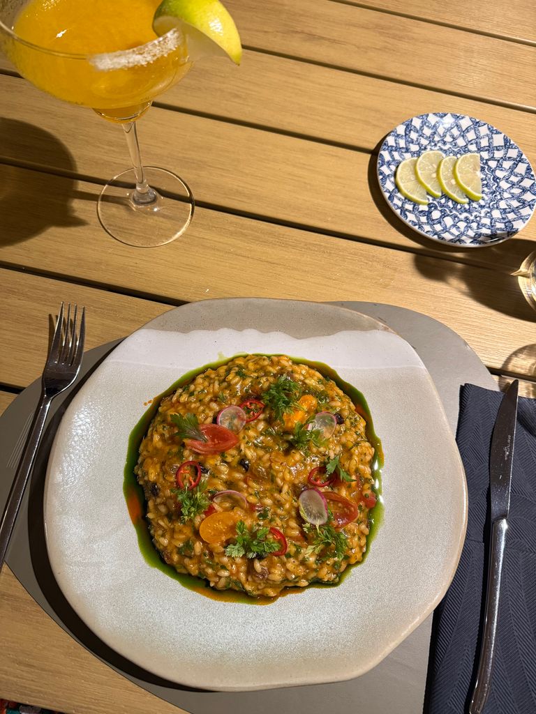 shot of risotto and cocktail at Nafs restaurant at Alkyna Corfu