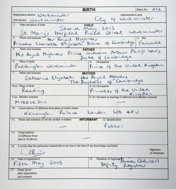 princess charlotte birth certificate