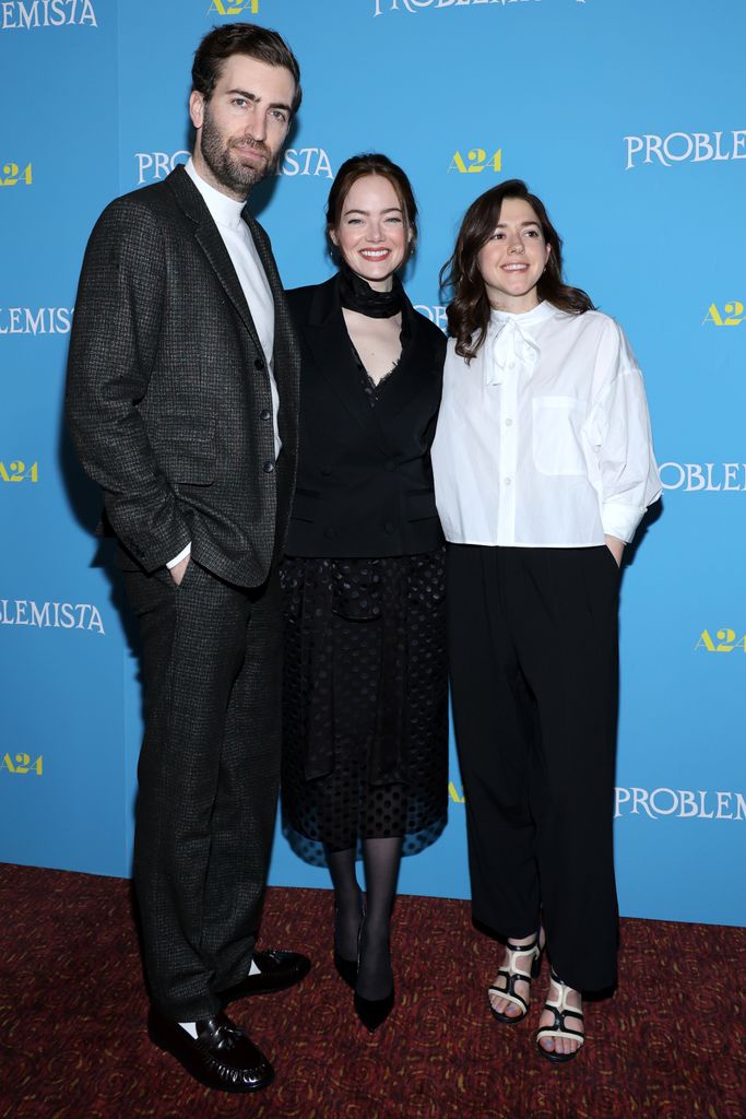 Dave McCary, Emma Stone and Ali Herting attend the "Problemista" New York Screening at Village East Cinema on February 27, 2024 in New York City.