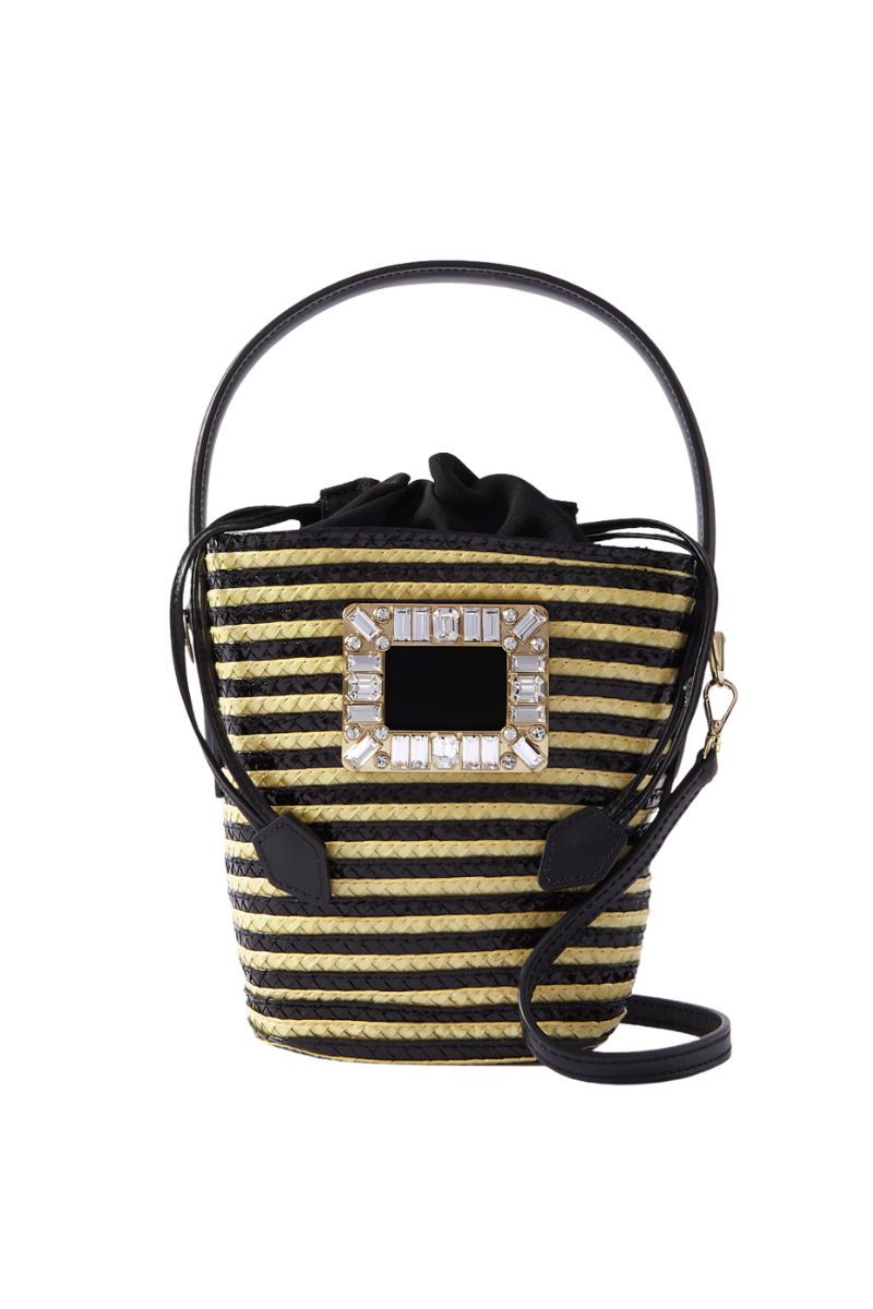 Viv Skate mini leather-trimmed crystal-embellished striped raffia bucket bag