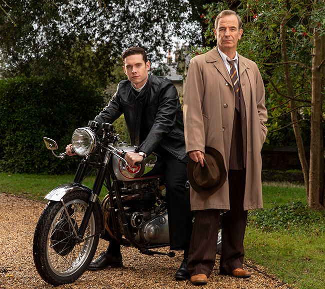 Grantchester Robson Green and Tom Brittany on set