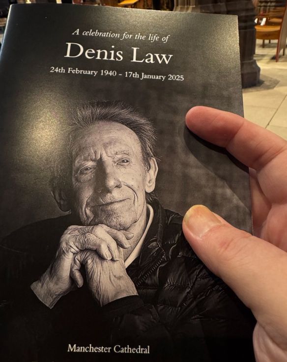 A funeral card of Denis Law