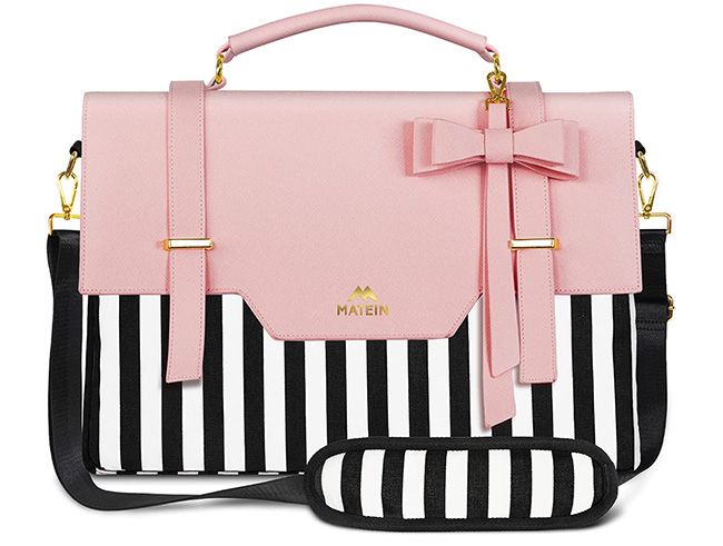 black white and pink striped laptop bag for women