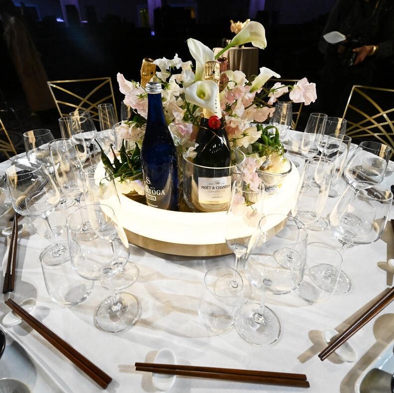 The table setting is seen at the Golden Globe Awards Nominations' Media Preview and Plate Up held at The Beverly Hilton 