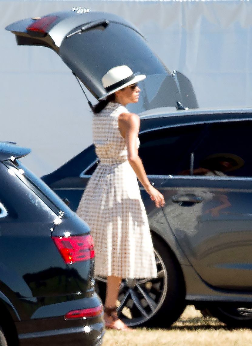 Duchess Meghan wore her Sarah Flint Grear sandals with a Shoshanna shirt dress and Madewell hat for a polo outing with Prince Harry
