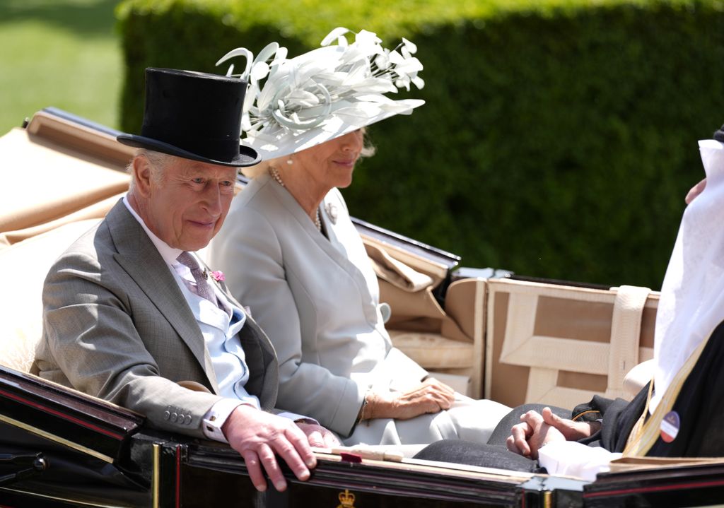 King Charles and Queen Camilla arrive ahead of the Queen Anne Stakes during day one of Royal Ascot