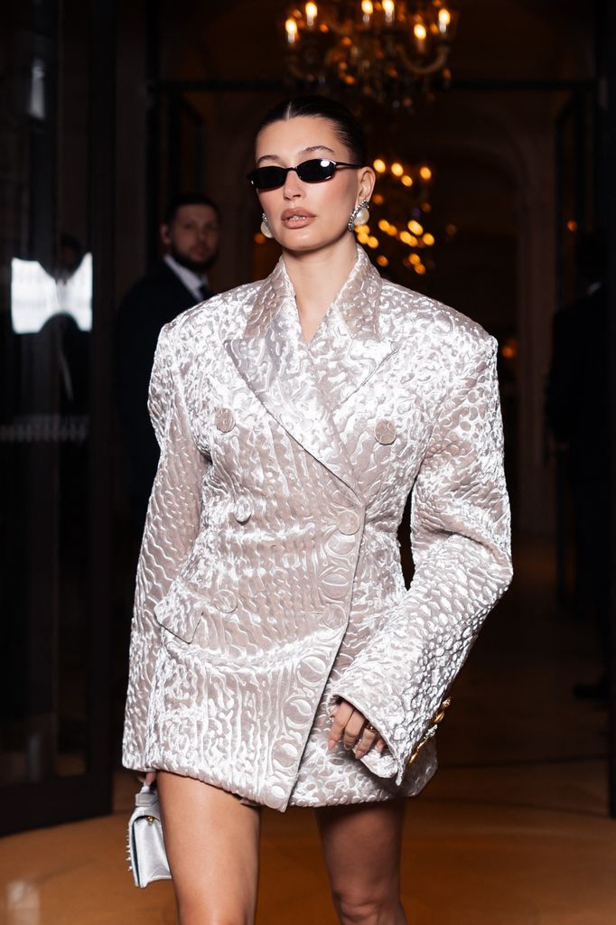 Hailey Bieber in oversized white blazer