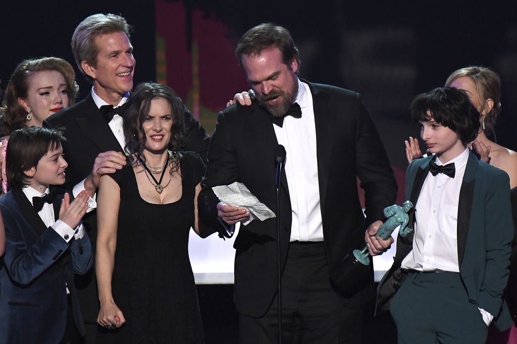 LOS ANGELES, CA - JANUARY 29:  The cast of Stranger Things accepts the award for Best Ensemble in a Drama Series onstage during the 23rd Annual Screen Actors Guild Awards at The Shrine Expo Hall on January 29, 2017 in Los Angeles, California.  (Photo by Kevork Djansezian/WireImage)