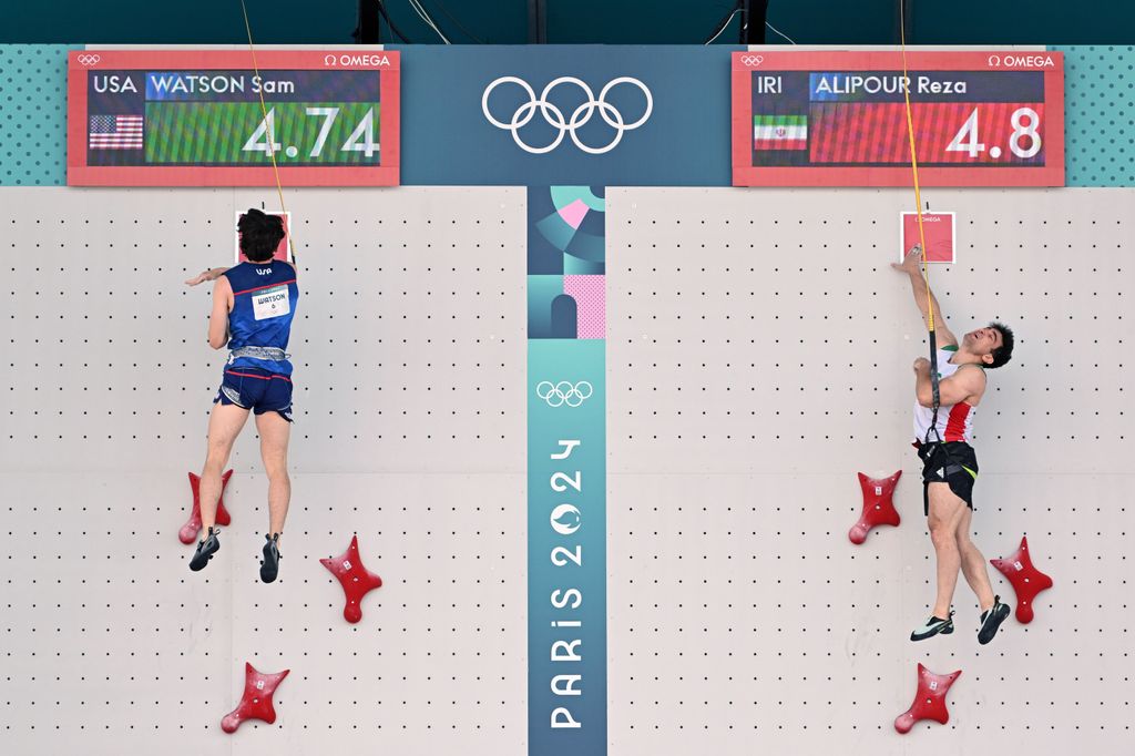 Sam Watson of USA scores a world record time of 4.74 seconds against Reza Alipour Shenazandifard of Iran in the Small Final on day thirteen of the Olympic Games Paris 2024 at Le Bourget Sport Climbing Venue on August 08, 2024 in Paris, France.